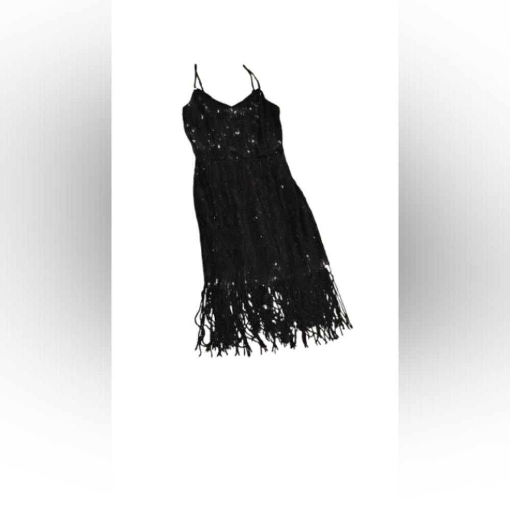 Laundry by Shelli Segal Black Sequined Fringe Dress Sz 2